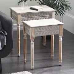 Leaf Pattern Wood Side Tables Set of 2