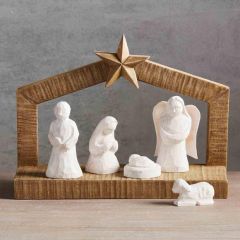 6 Piece White Nativity with Wooden Stable Set
