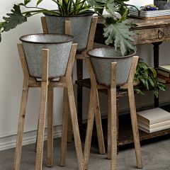 Iron Planter on Wood Stand Set of 3