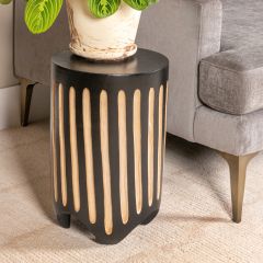 Hand Carved Vertical Striped Wood Side Table Black