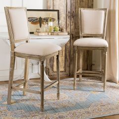 French Country Linen Upholstered Bar Stool Set of 2