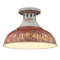 Aged Galvanized Steel With Antique Red Shade Semi Flush Mount Ceiling Light