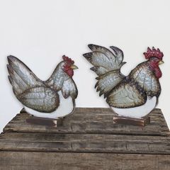 Wood With Metal Chicken Figures Set of 2
