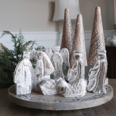 9 Piece Carved Whitewashed Wood Nativity Set