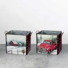 Christmas Farm Galvanized Bin Planter Set of 2