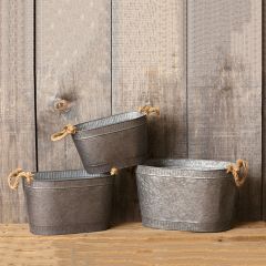 Rope Handled Oval Tin Tub Set of 3