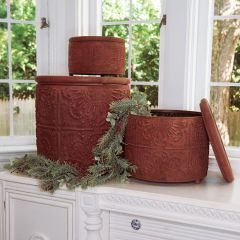 Aged Embossed Metal Lidded Storage Buckets Set of 3