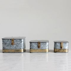 Galvanized Metal Boxes With Brass Accents Set of 3