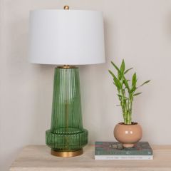 Ribbed Glass Table Lamp With Drum Shade Green
