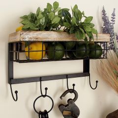 Wood Metal Basket With Hooks
