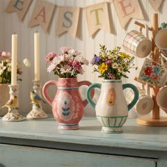 Painted Flower Stoneware Vase With Handles Set of 2