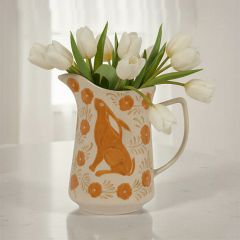 Rabbit and Floral Motif Painted Stoneware Pitcher