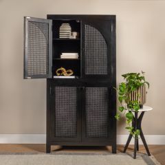 Wood And Cane Arched Door Curio Cabinet