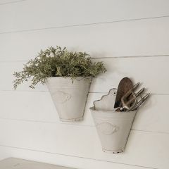 Aged White Metal Farmhouse Wall Buckets Set of 2