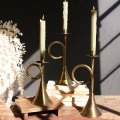 Antique Brass Trumpet Taper Holders Set of 3