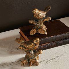 Antique Gold Finish Bird on Branch Figurines Set of 2