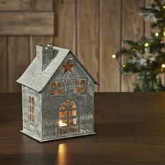 Antique Grey Metal Village House Tealight Holder Set of 2