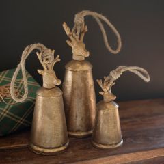 Antiqued Deer Finial Christmas Bells Set of 3