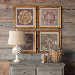 Antiqued Framed Needlepoint Floral Print Set of 4