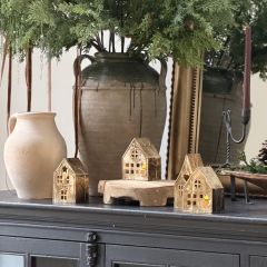 Antiqued Metal Village House Tealight Holder Set of 3