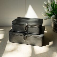 Antiqued Silver Metal Storage Box Set of 2