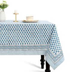 Apatite Blue Round Cotton Block Print Tablecloth