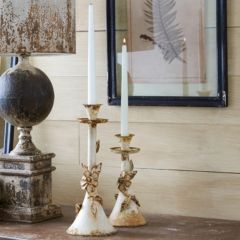 Rustic Tin Flower and Leaf Embellished Candle Holder Set of 2