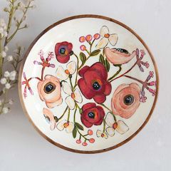 Enameled Flower Pattern Acacia Wood Bowl