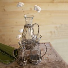 Handled Wicker Wrapped Glass Vase Set of 3