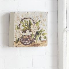 Basket of Eggs With Flowers Wood Block Art
