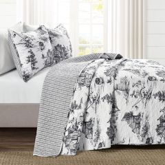 3 Piece Reversible French Country Toile Quilt Set