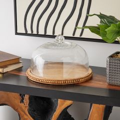 Beaded Wood Base with Glass Cloche 12 Inch