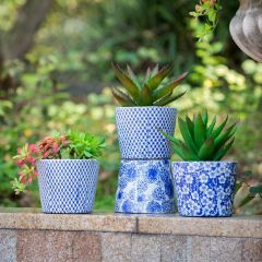 Beautiful Blues Patterned Terracotta Planters Set of 4