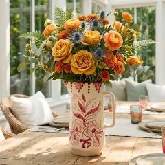 Beautiful Botanical Hand Painted Stoneware Pitcher