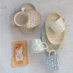 Bee and Botanical Pattern Stoneware Mugs Set of 4