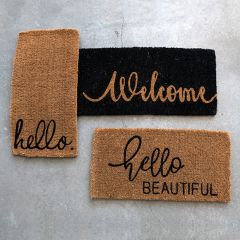 Black Calligraphy Message Door Mat Hello