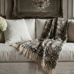 Block Print Floral Fringed Throw Blanket