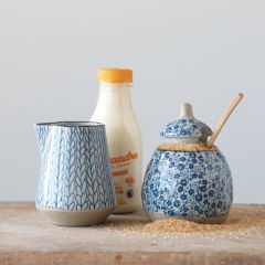 Blue Patterned Stoneware Sugar And Creamer Set