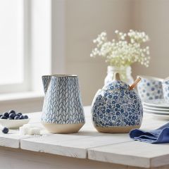 Blue Patterned Stoneware Sugar And Creamer Set