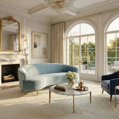 Blue Velvet Upholstered Curved Sofa