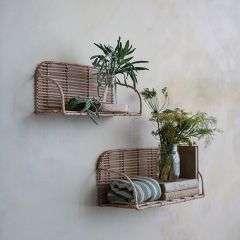 Boho Chic Rattan and Metal Wall Shelves Set of 2
