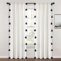 Boho Navy Tassel Faux Linen Curtain Panel