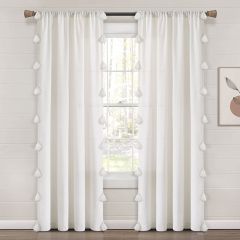 Boho White Tassel Faux Linen Curtain Panel Set of 2