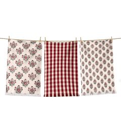 Botanical Block Print And Plaid Towel Set of 3