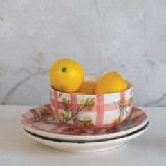 Botanical Grid Pattern Painted Stoneware Bowl Set