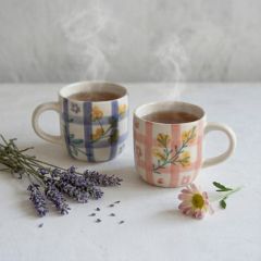 Botanical Grid Pattern Painted Stoneware Mug Set