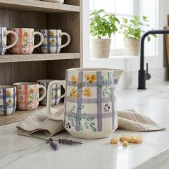 Botanical Grid Pattern Painted Stoneware Pitcher