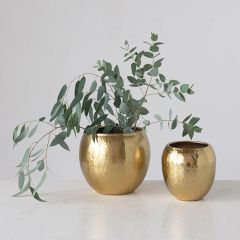 Brass Finished Hammered Metal Planters Set of 2