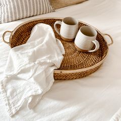 Brass Trim Woven Round Tray Set of 2