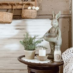 Bunny With Overalls Holding Bowl Statue